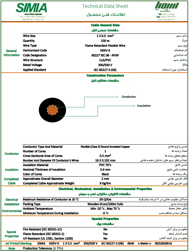 دیتاشیت سیم نیم افشان سیمیا 0.5