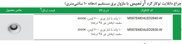 چراغ توکار گرد برق مستقیم قطر 10 مدل آرتمیس مازی نور