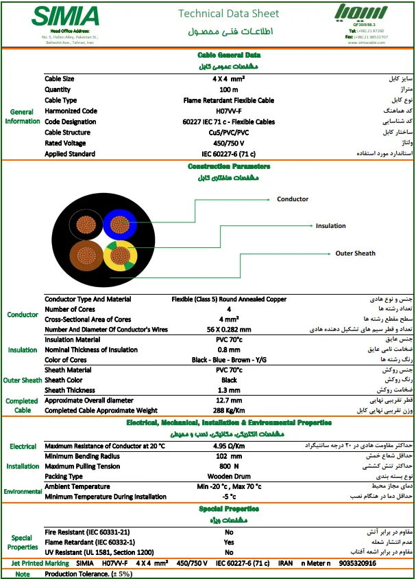 دیتاشیت کابل افشان 4در4 سیمیا