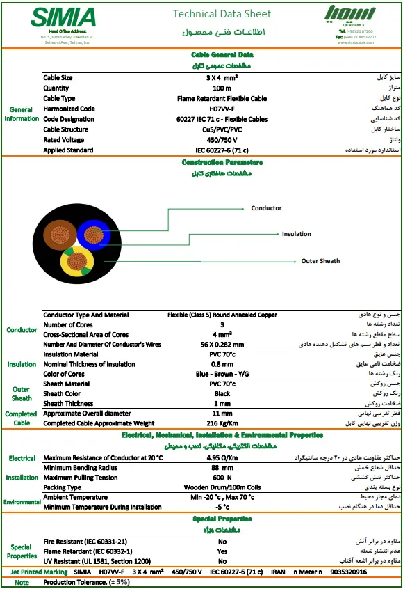 دیتاشیت کابل افشان 3 در 4 سیمیا