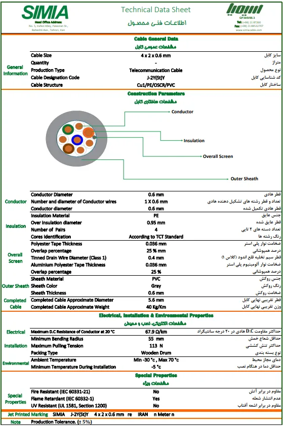 دیتاشیت کابل تلفن 4 زوج هوایی سیمیا طوسی