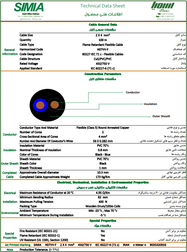 دیتاشیت کابل افشان 2 در 4 سیمیا